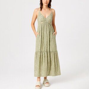 Abercrombie & Fitch Abstract Geometric Cut-Out Tiered Maxi Dress Green Size XL